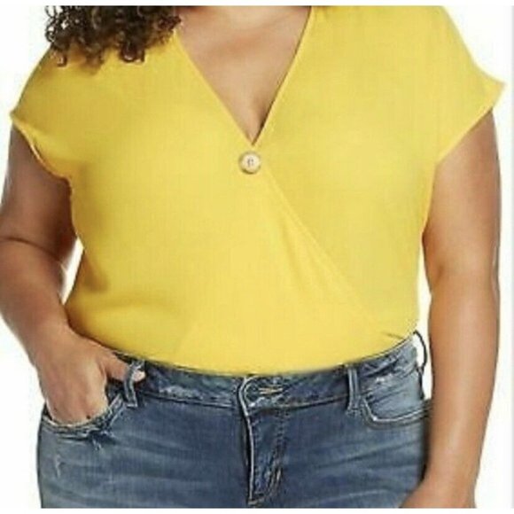 New‎ BP Button Surplice Top Yellow Cap Sleeve Faux Wrap Blouse NWT Plus Size 3X - Picture 1 of 7